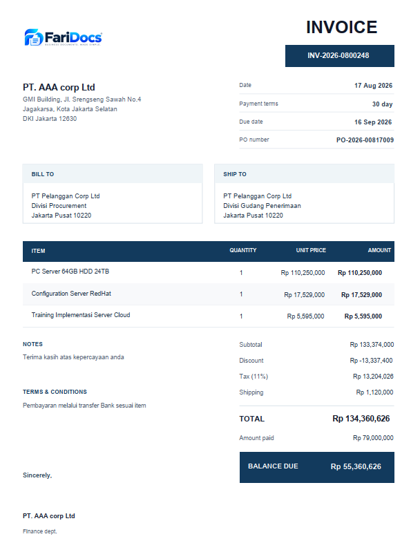 Actual PDF invoice generated by FariDocs